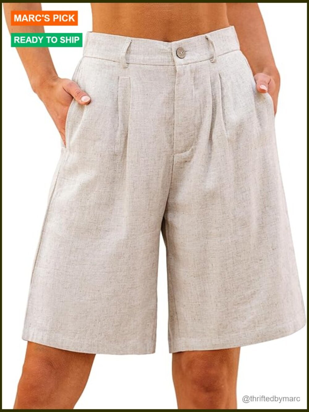 High Waisted Linen Bermuda Shorts Wide Leg Pleated Elastic Waist Summer